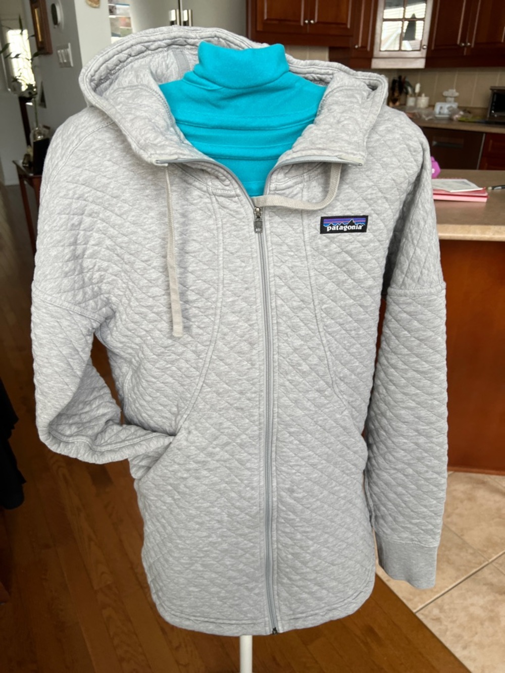Patagonia Light Gray Quilted Hooded Bomber Jacket
